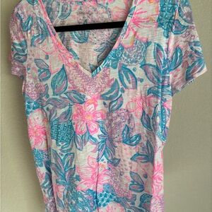 Lilly Pulitzer Pink and Blue Floral V-Neck Top